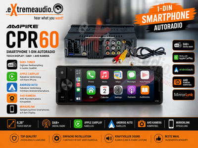 AMPIRE CPR60 Smartphone DAB+ Car Radio AHD with free DAB+ antenna splitter