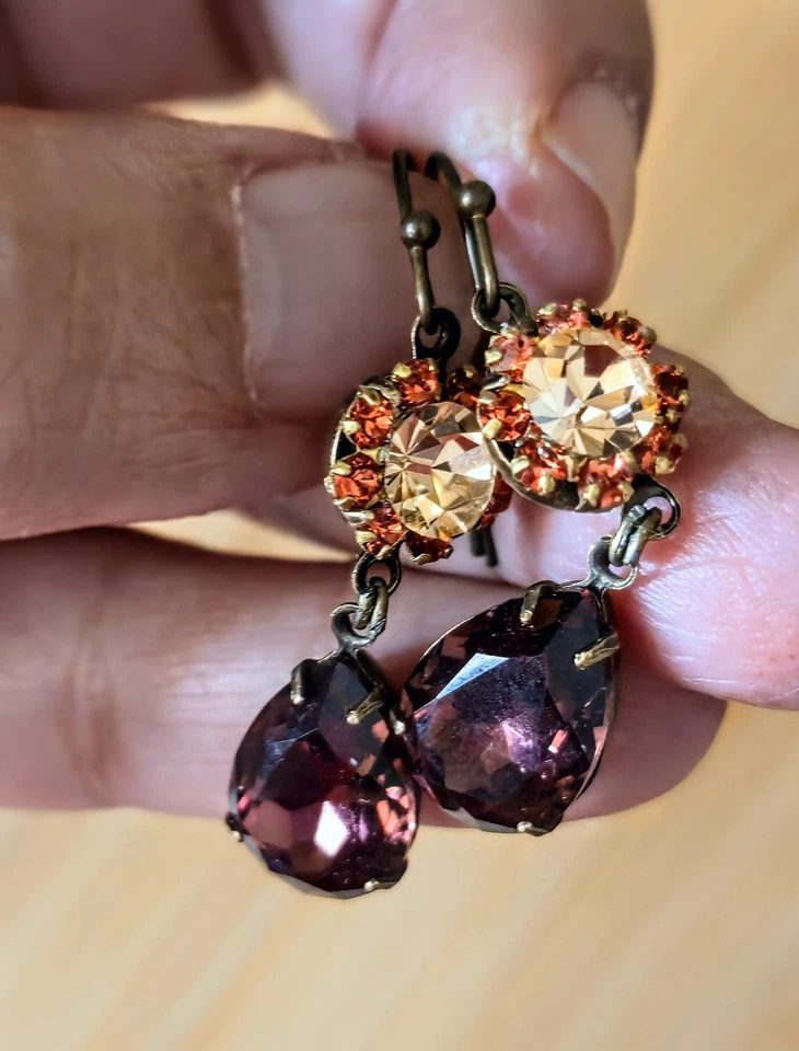 Victorian Autumn Burgundy Swarovski Elements Flower Crystals In Brass Earrings - Image 4 of 4