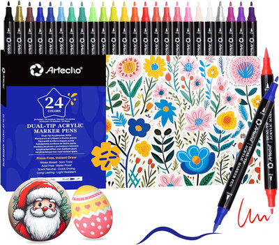 Artecho Acrylstifte 24 Farben, 0.5-5Mm Wasserfester Dual Tip Marker (Pinsel Und 