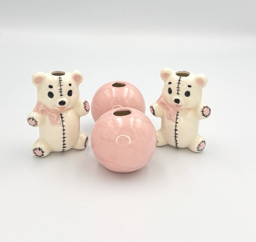 4 Macrame Vintage Teddy BEARS And BALLS Beads, 2.5" & 1. 5" Ceramic Blue Cute - Picture 1 of 7