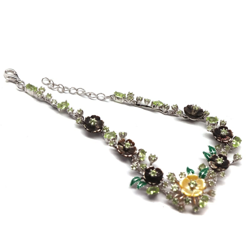 925 Sterling Silver Yellow - Black Mother Of Pearl & Peridot Bracelet 8.25 - Image 3 of 4