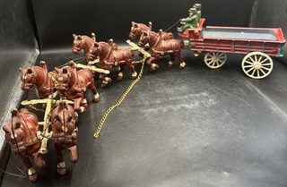 EH VTG cast iron Budweiser 8 horse drawn beer wagon 1 Dog 2 Riders No Barrels