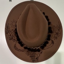 Women s Brown Felt Cowboy Hat Floral Western Wide Brim Pom-Pom Accents