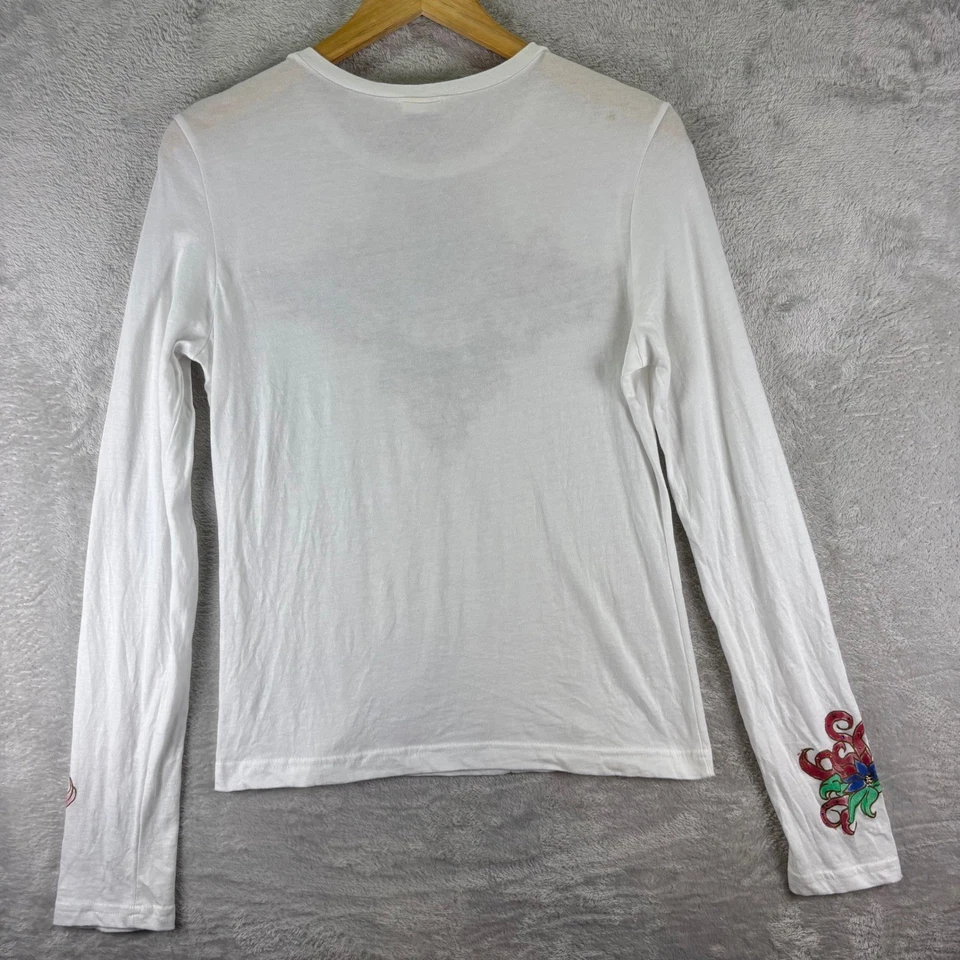 Vtg Roxy Women's White Graphic Long Sleeve Tattoo Tee Rhinestone USA Y2K Sz L - Image 3 of 4