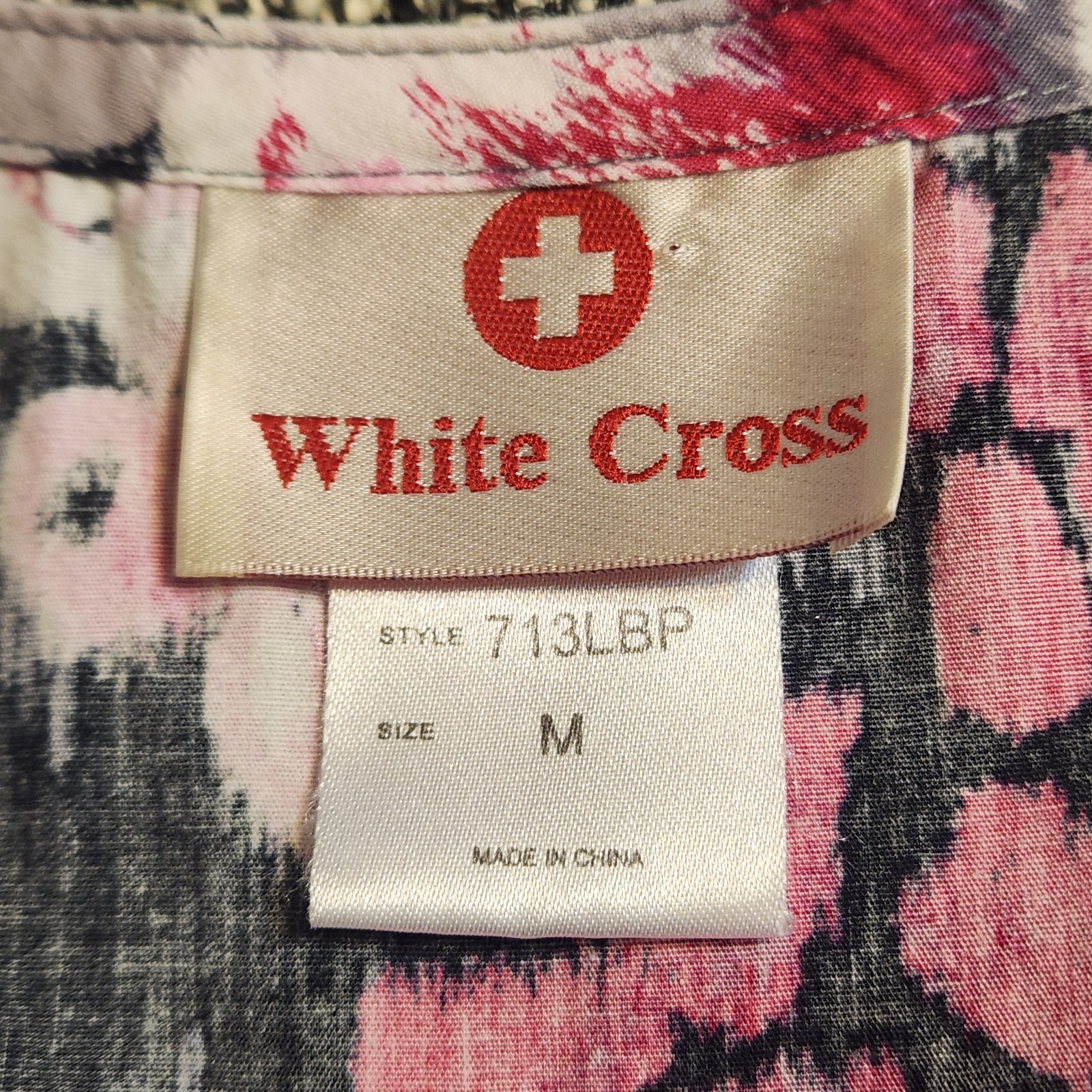 White Cross Scrubs Top Scrub Pink Floral Cotton Pleated Neckline Medium