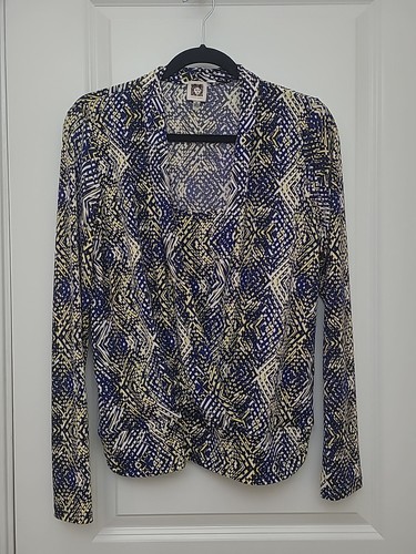 Anne Klein Women's Top Blouse Sz M Layered Look Drape Front Longsleeve Geometric