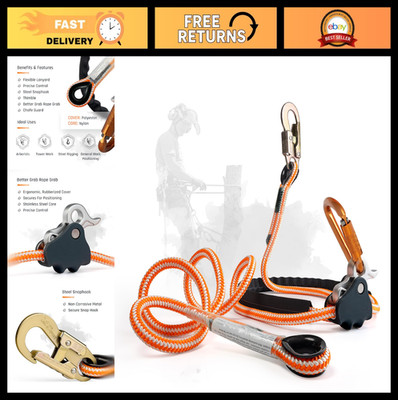 Adjustable Arborist Positioning Lanyard - 1/2'' x 8ft Polyester Rope, Steel Snap