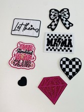 Lot of 7 embroidered Iron On patches, mama, checkered heart, let them, bow