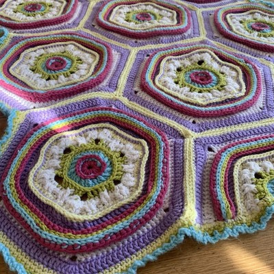 Vintage Crochet Afghan Throw Blanket Soft Pastels Octagon Wheels 32x45  Purple