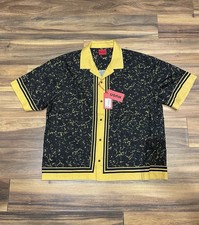 NEW Hugo Boss Men's Large Egeeno Button Up Short Sleeve Shirt Black Gold Lyocell