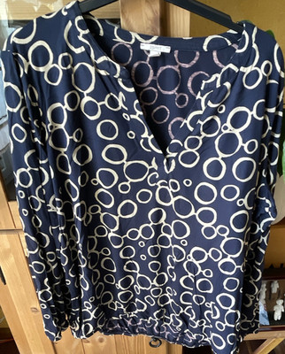 Esprit Damen Tunika-Bluse L blau/weiß geometrisches Muster V-Ausschnitt Langarm
