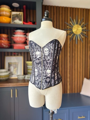 Shirley of Hollywood Skull Corset Bustier Gothic Zip Front Black White Top 34