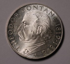 1969 G Germany Silver 5 Deutsche Mark KM# 125 - Theodor Fontane - Unc Coin