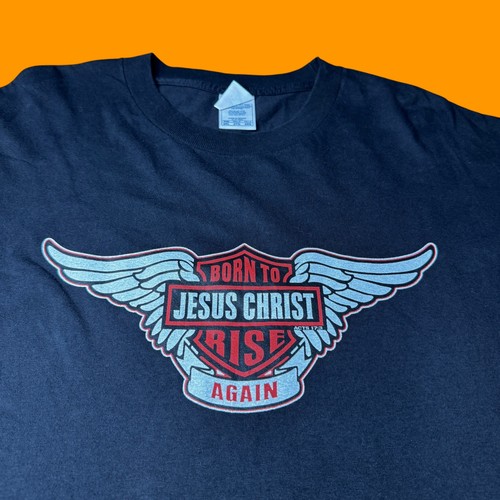 Jesus Christ Born to Rise Again Harley Davidson Parody Tee T Shirt 2XL Vtg Y2K - Picture 2 of 7