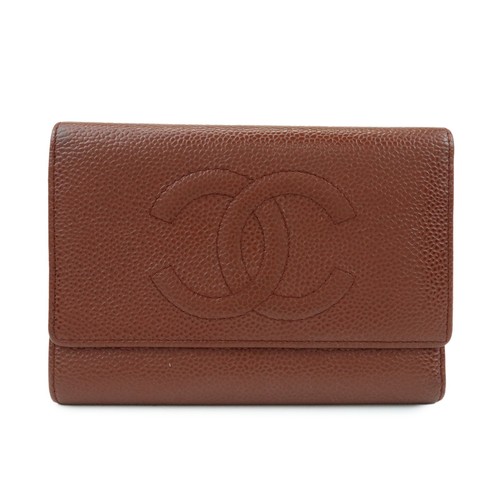 CHANEL COCO Mark Caviarskin Tri-fold Compact Wallet Brown Authentic Used F/S