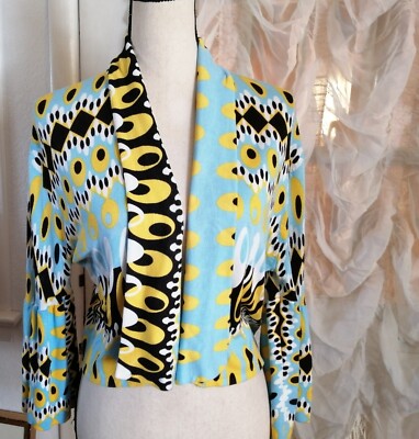 New Women XL Cardigan Yellow Blue Colorful Print Cropped  Open Front 3/4 sleeve