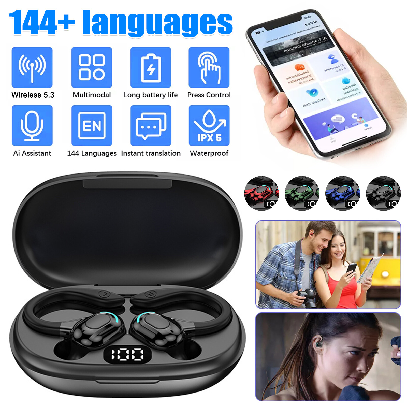 144 Language Translator Earbuds Bluetooth Real Time Translation Smart Headphone