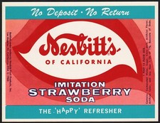Vintage soda pop bottle label NESBITTS STRAWBERRY 1960 Los Angeles California