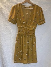 Urban Outfitters Emmy Floral Button Front Yellow Ruched Mini Dress Size Xsmall