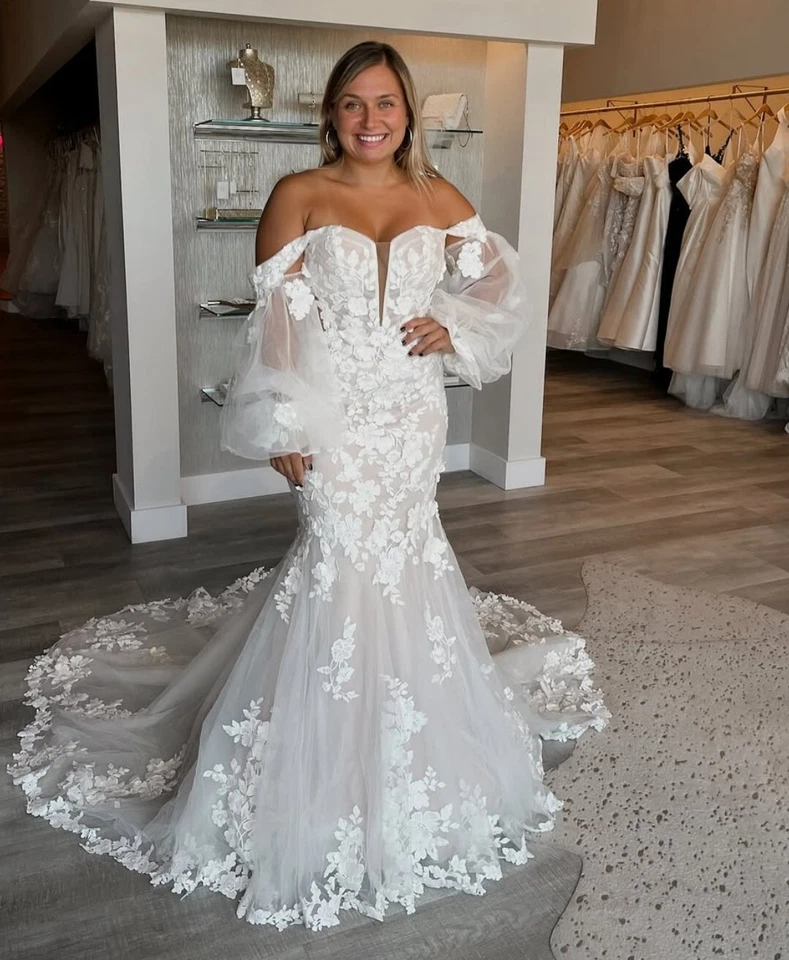 Vestidos de novia de sirena con hombros descubiertos mangas abullonadas vestidos de novia de tul de ensueño Foto 2 de 4