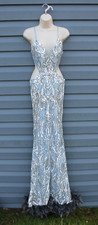 Windsor Blue Silver Strappy Fitted Long Feathers Formal Dress Size SMALL Sequins