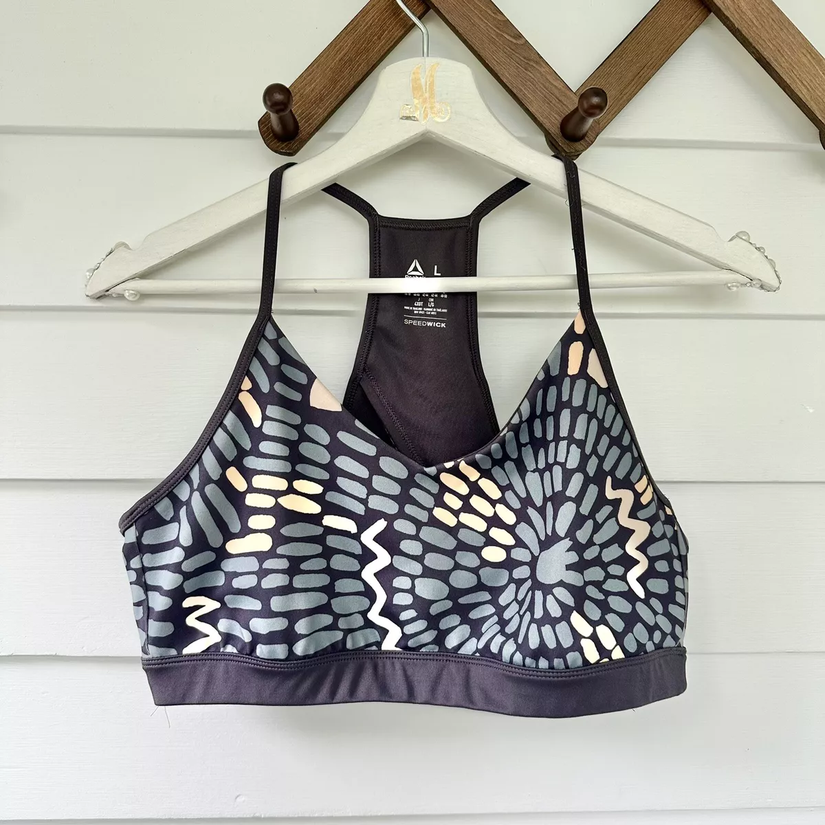 Reebok Speedwick Racerback Sports Bra Size Large Cut Out Back Gray Printed