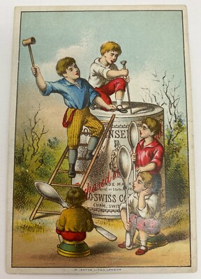 Vintage Aglo-Swiss Condensed Milk Cham Switzerland Trade Card Boys and Ladder