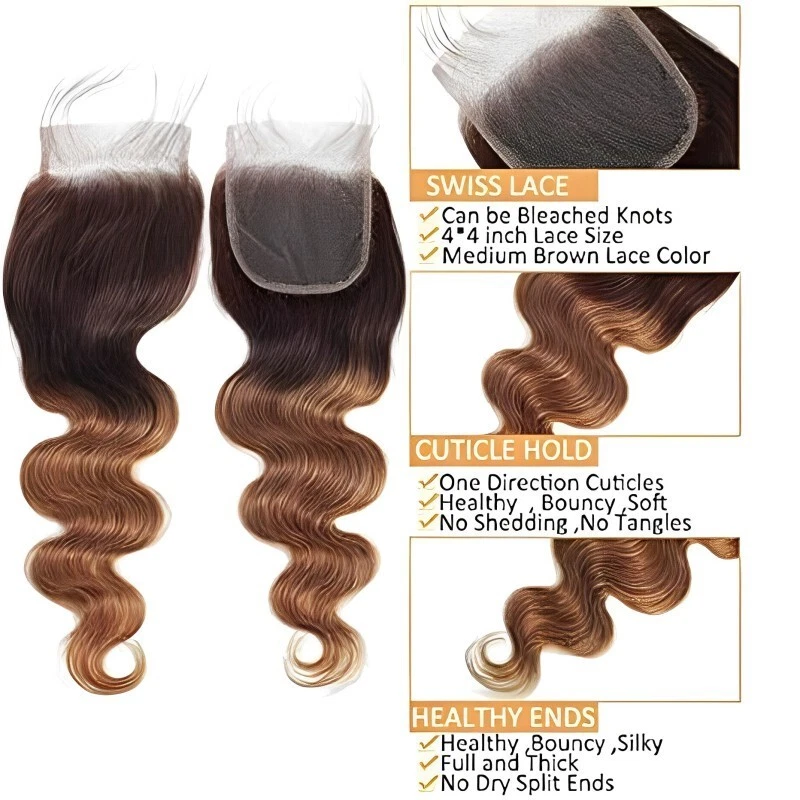 20" 22" 24" Ombre Body Wave Human Hair 3 Bundles + 18″ Closure - Image 3 of 4