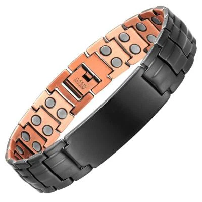 GAUSSTHERAPY Heavy ID Black Copper Link Magnetic Bracelet For Men Pure Solid Copper + Box
