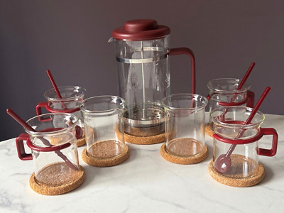 Vintage Original BODUM Cafetiere Bistro Set Cups Coasters Stirrers Jug Burgundy
