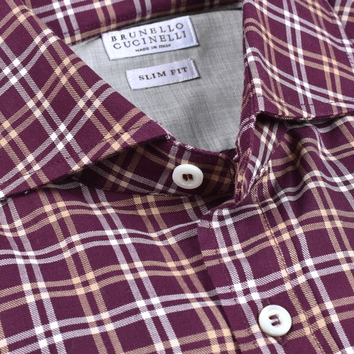 BRUNELLO CUCINELLI MEN'S 100% COTTON SLIM FIT LONG SLEEVE CASUAL CHECK SHIRT - 第 2/5 張圖片