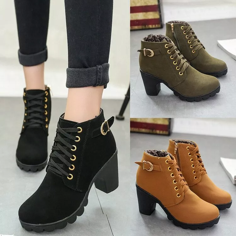 De Cuero Moda Para Mujer Zapatos De Tacón Alto Plataforma Invierno Casual | eBay