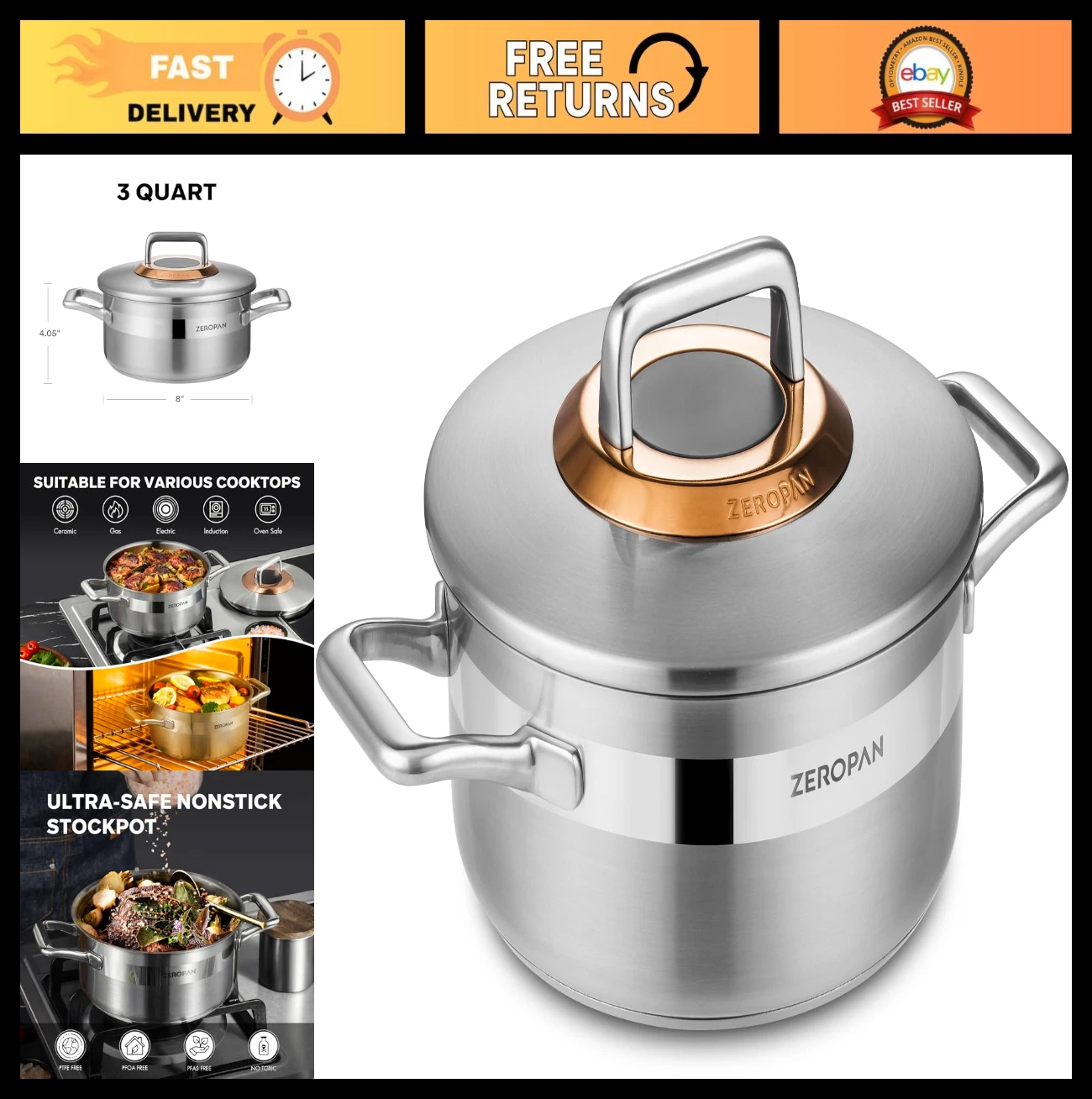 3-Quart Nonstick Stockpot with Lid, 8-Inch Stainless Steel, Oven-Safe, Dishwashe