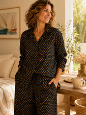 Vintage Victoria's Secret Silk Pajama Set XS Black Gold Fleur De Lis 100 Silk