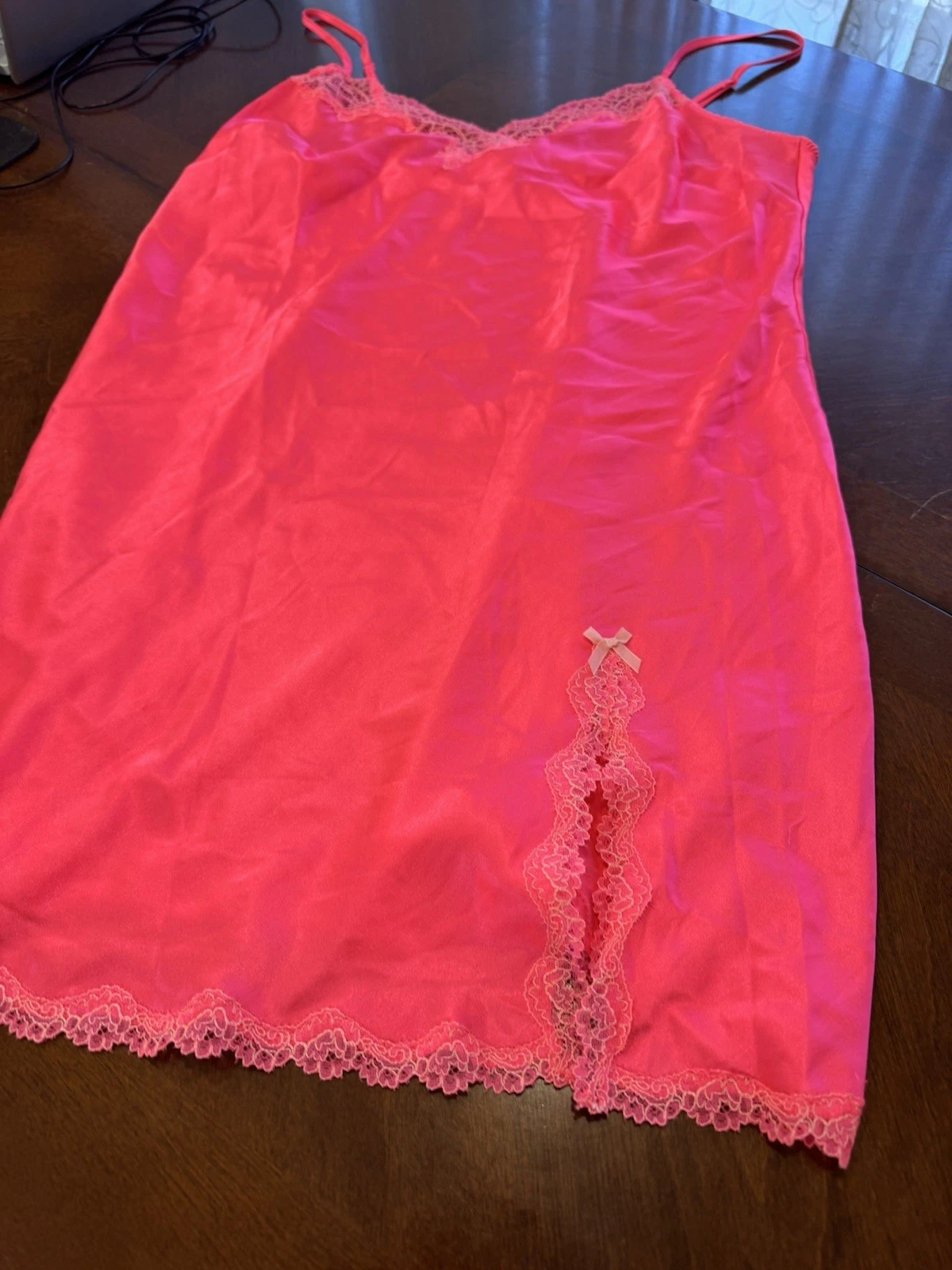 UNDERCOVER Victorias Secret CHEMISE abito slip donna L rosa fluo pizzo orlo spacco con fiocco