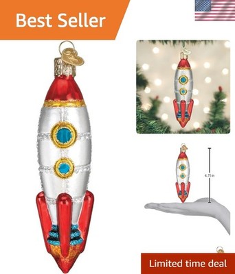 Nostalgic Glass Rocket Ship Ornament - Handcrafted Holiday Decoration 6.14in