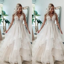 Gorgeous Wedding Dresses Deep V Neck Lace Appliques A Line Beach Bridal Gown