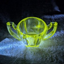 Vaseline Glass Star Pattern Hexagonal Creamer with Handles, Glossy Finish