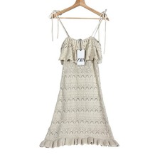 ZARA Knit Crochet Openwork Dress Ecru Off White Ruffle Strappy Size M NWT