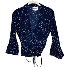 Rouje Paris Wrap Blouse Womens 36 Navy Polka Dot Tie Front Ruffle Sleeve