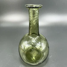 Green Hand Blown Art Glass Vase Bottle With Optic Swirl Hand Made Glassware VTG
