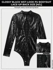 Women's Glossy Wet-Look Black Bodysuit Lace-Up Long Sleeve Stretch M/L