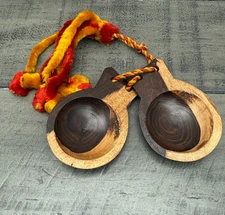 Vintage Hand Carved Wooden Castanet Wood Percussion with Red & Yellow Fluff Yarn