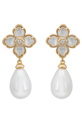 Boucles D’Oreilles Latelita Pendentif Fleur Trèfle Perle Blanc Nacrées Doré - Photo 1/4