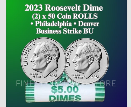 2023 P & D ROOSEVELT DIME 2 ROLLS 100 COINS BANK WRAPPED UNSEARCHED GEM BU
