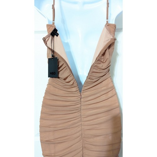 NBD Natasha Mocha Mauve Ruched Stretch Maxi Dress Side Slit Thin Straps Size S - Picture 8 of 13