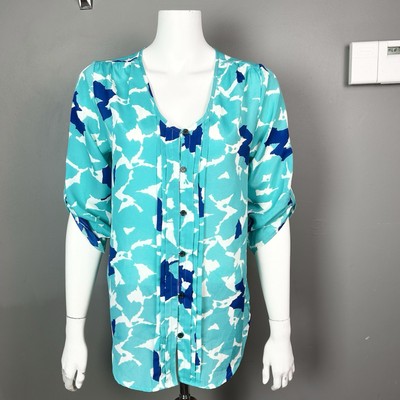 Yumi Kim Top Blouse XS Button Front Top Floral long roll sleeve colorful blue