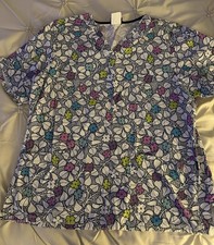 Lot Of 5 Woman s Scrub Top Large Grey, Navy Flowers Hearts Red Cherokee Tafford