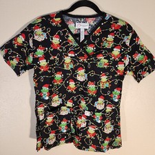 Womens Scrub Top XS Black Christmas Gift Frogs Sparkling