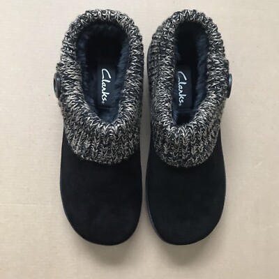 Clarks Women's Sweater Clog Slippers Slip On Black/Tan